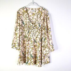Rose + Olive Top Women 2X Plus Beige Blush Floral Garden Puff Slv Tunic NWOT